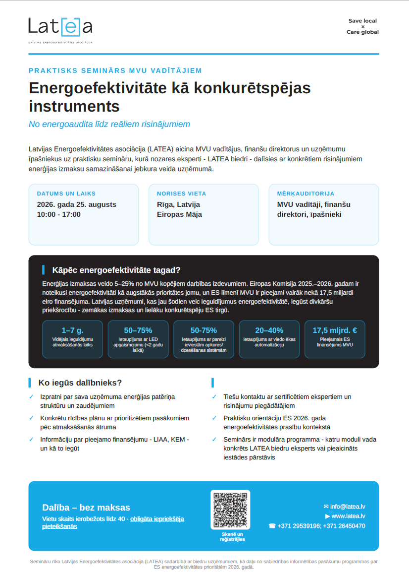 Bezmaksas LATEA seminārs MVU vadītājiem – “Energoefektivitāte kā konkurētspējas instruments” -25.08., 10:00-17:00, Eiropas māja
